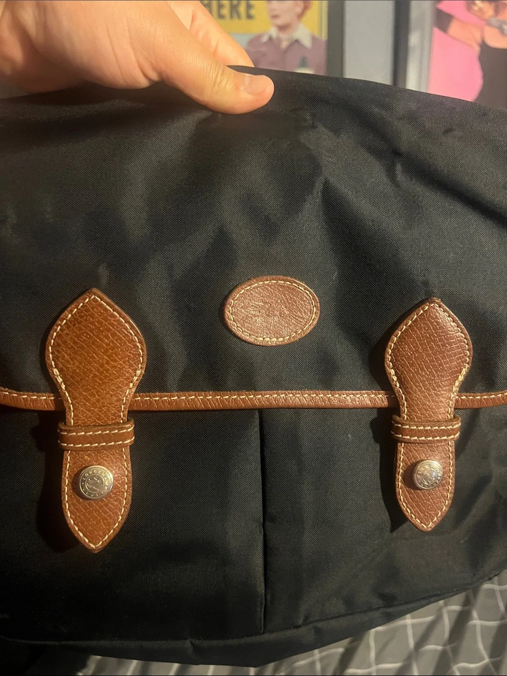 Longchamp Black Messenger Bag with Tan Trim